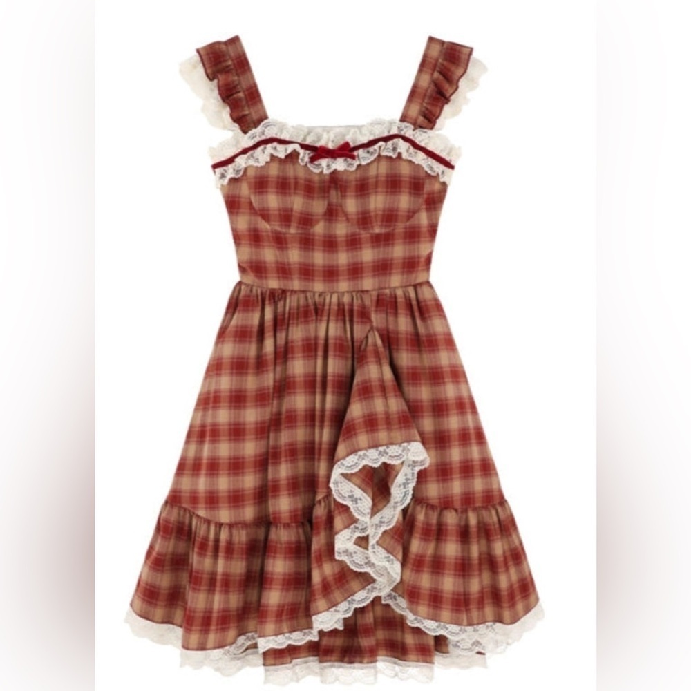Red Plaid Sweetheart Babydoll Dress Coquette Grunge Whimsy Twee Tutu Size S - Picture 2 of 13